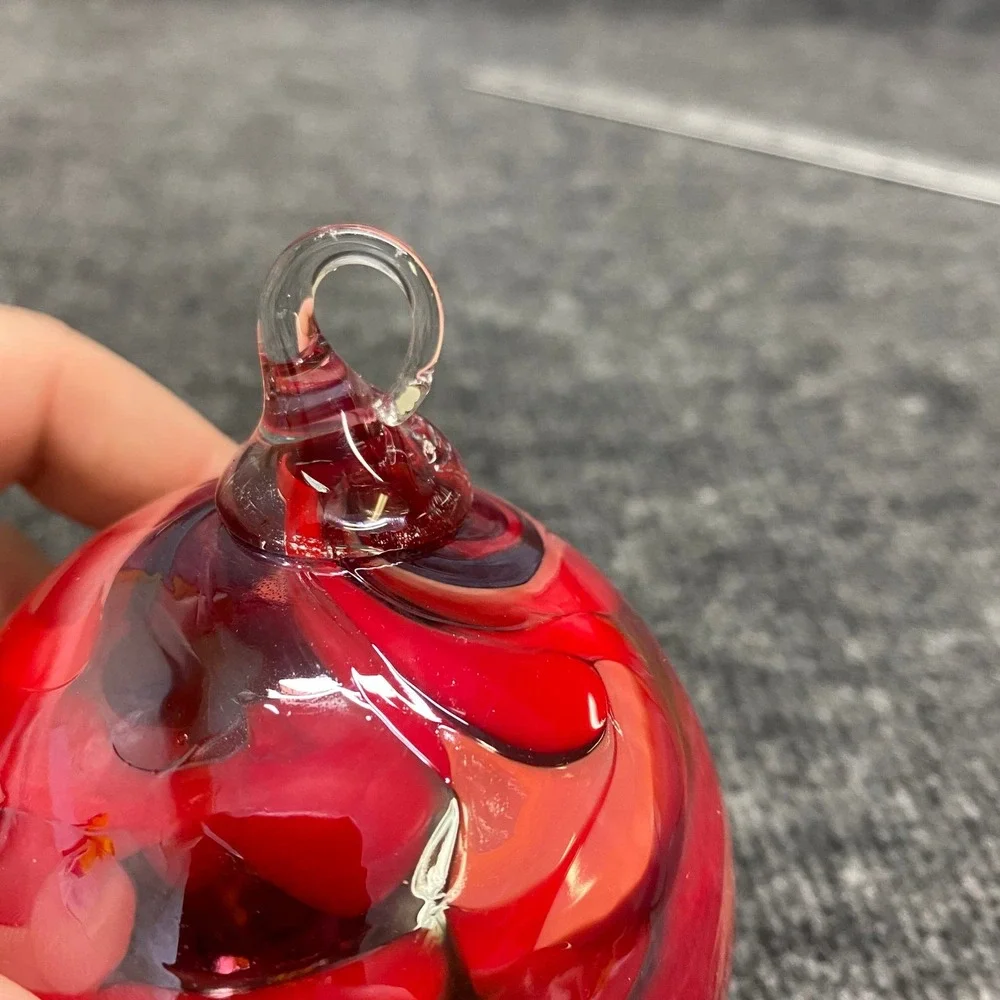 Hand Blown Art Glass Ornament Red Pink Swirl Round Hanging Bauble 3 Inch